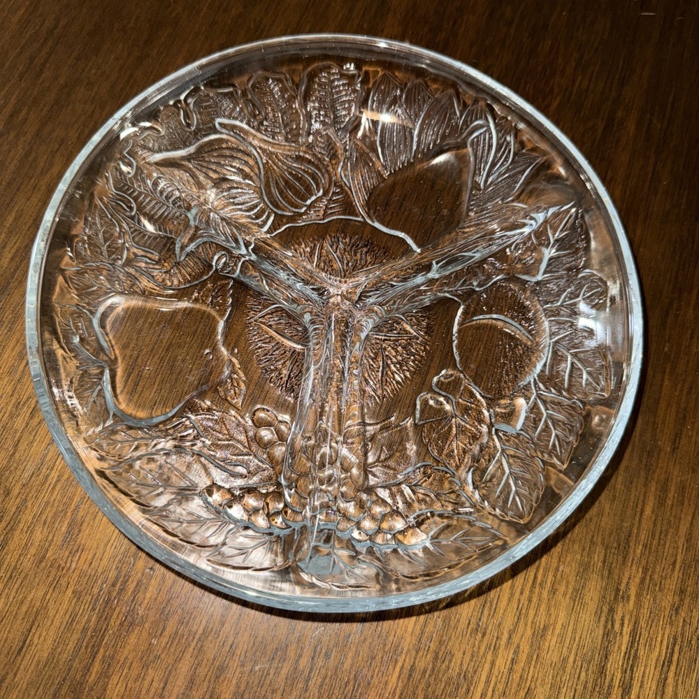 Vintage KIG Indonesia 3 Part DIVIDED RELISH DISH Fruit Clear Glass Round Platter